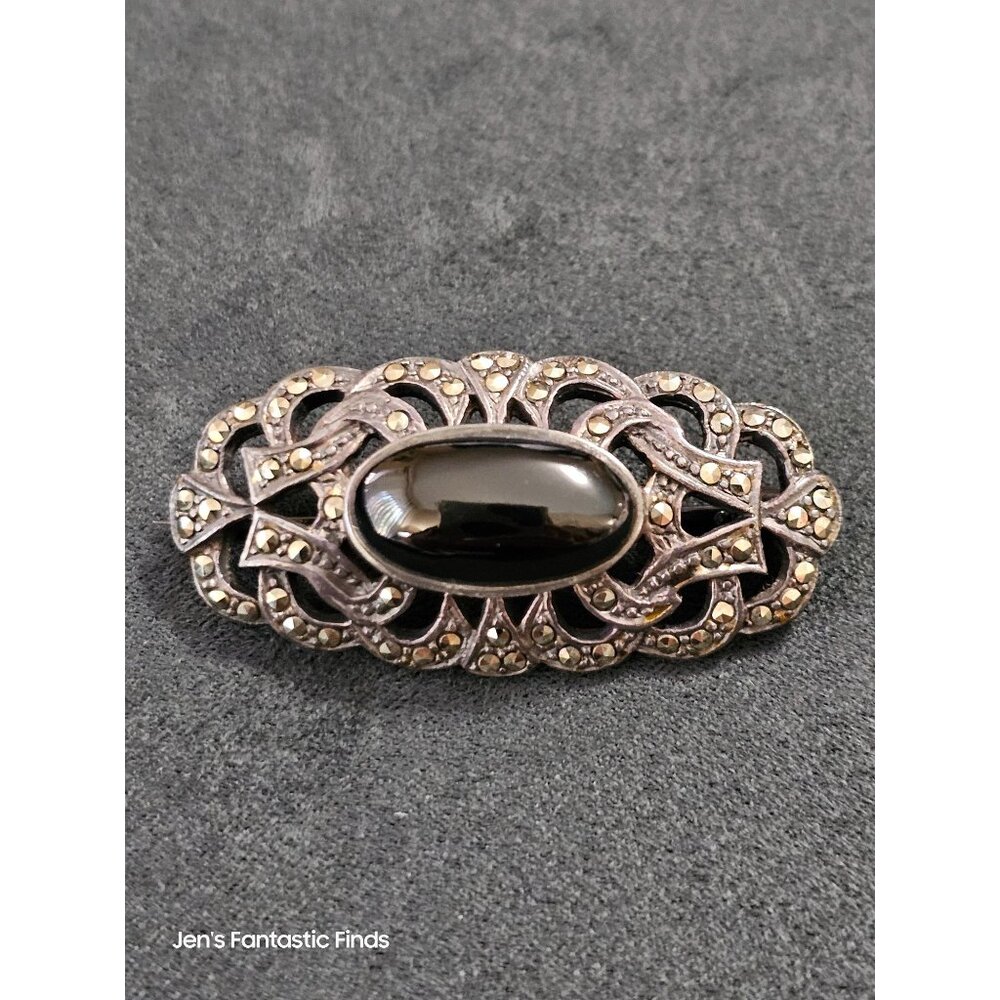 Antique Sterling Silver & Marcasite Brooch With Black‎ Onyx Stone
